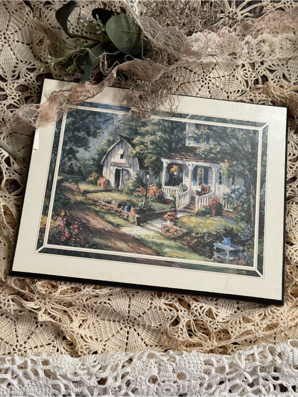 Vintage Cottage Garden Scene Wall Art - Green, White, Blue